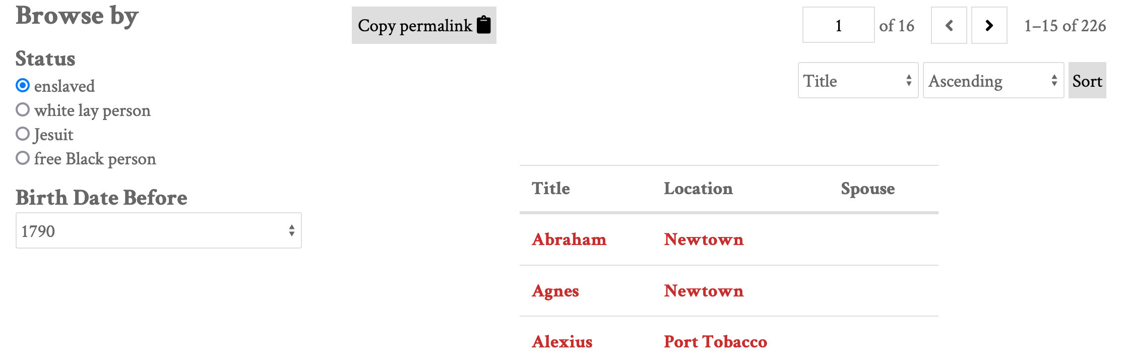 Public Faceted Browse page with radio button selects for a list of Status values and a "Birth Data Before" dropdown menu in the left column. In the right column is a table of items with information for Title, Location, and Spouse