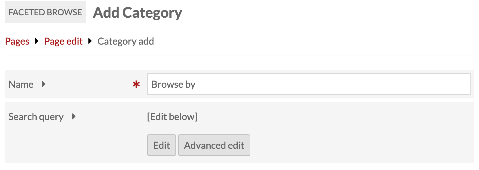 Add category form with name filled in and search query Edit buttons interface