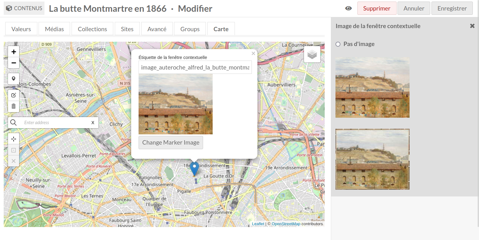 Marqueur avec une image ajoutée. Le média est aussi visible dans la barre latérale, ainsi que l'option "no image"