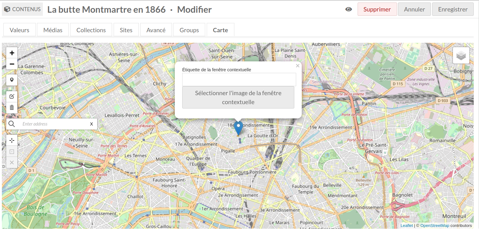 Closeup of map with a marker selected. There is a field to enter the maker label.
