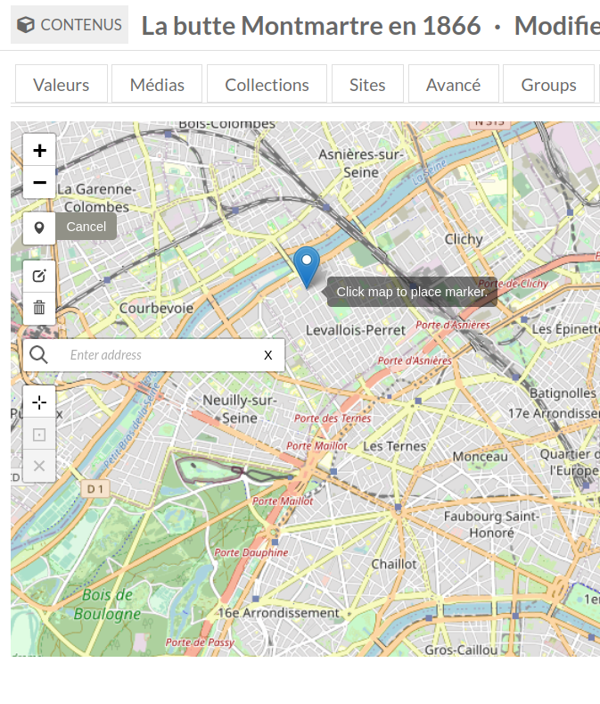Onglet carte avec un marqueur actif. Le marqueur est accompagné du message "click map to place marker"