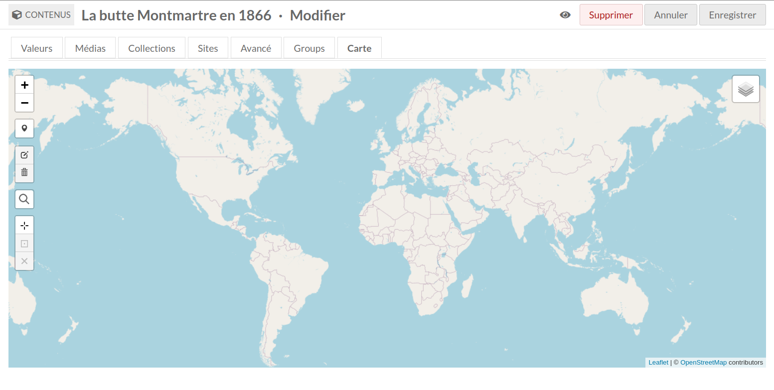 Capture de l'écran Modifier contenu avec onglet tab sélectionné. Carte du monde avec les boutons décrits ci-dessous