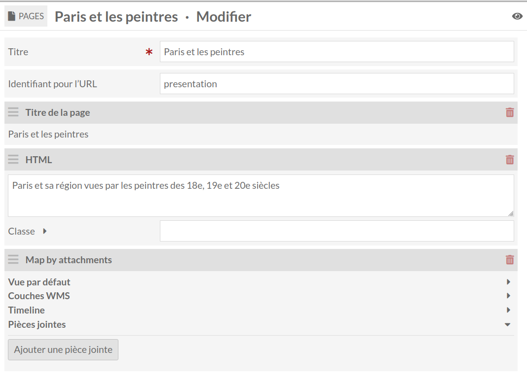 Capture de la Page avec le bloc de carte sélectionné. Il inclut les options Default View, WMS Overlays et pièces jointes
