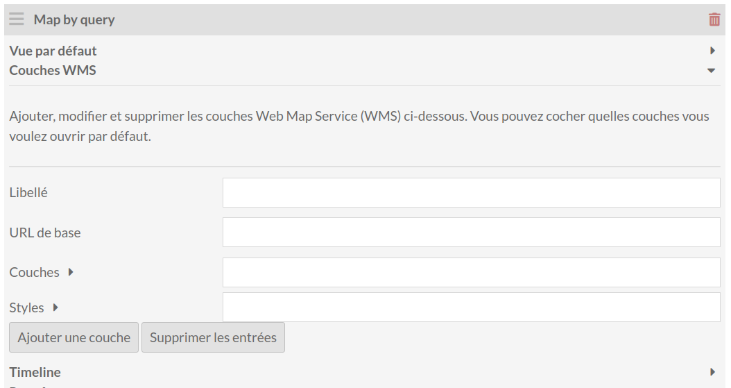 Map page block with only the WMS Overlays section open. Two overlays already exist, one selected to display as default. The form is being filled with the details for a third overlay.