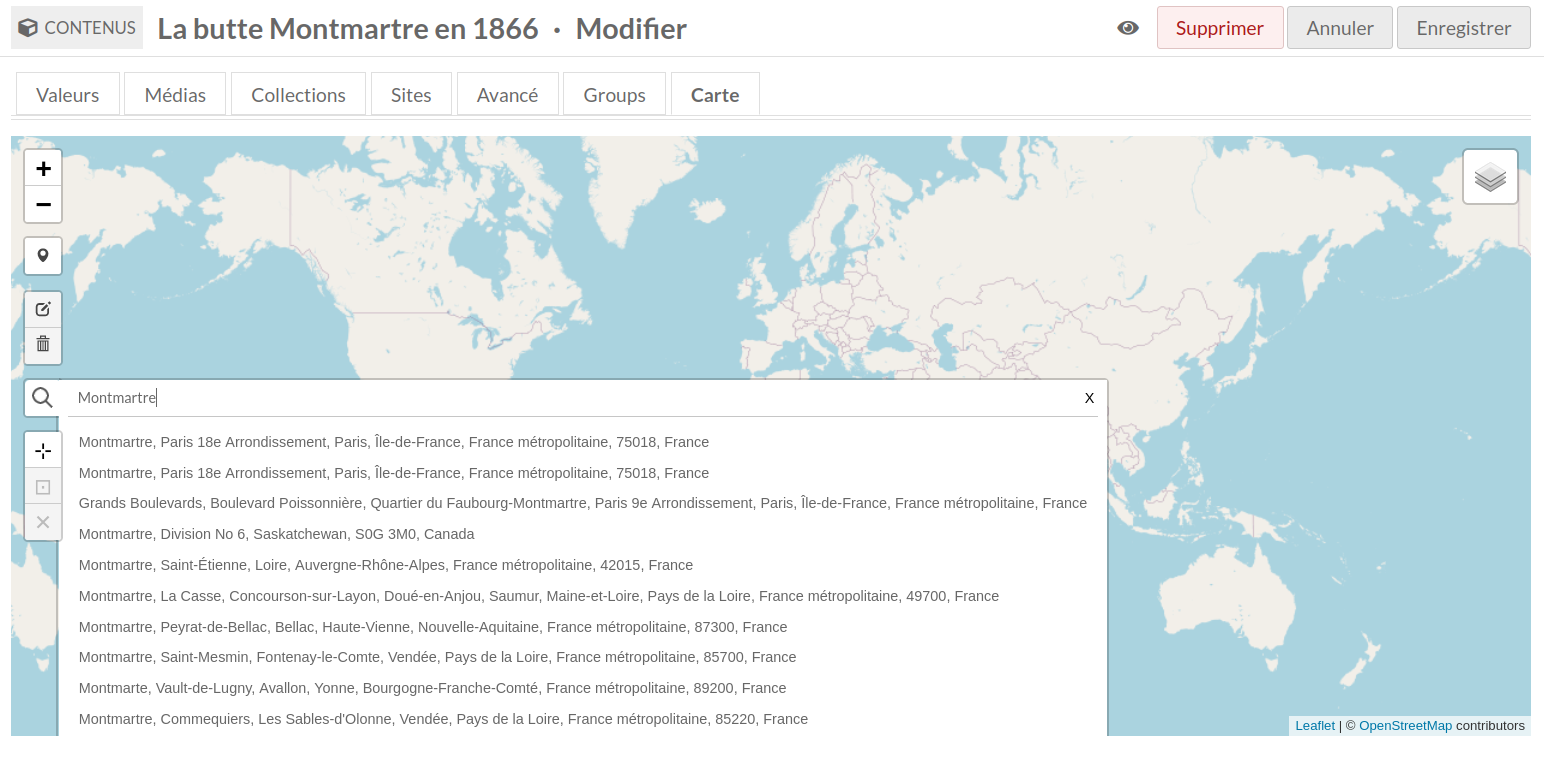 Onglet Carte avec une recherche pour "Montmartre". Sous le champ de recherche se trouvent diverses suggestions.