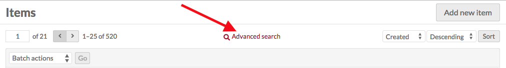 Bouton de recherche avancé indiqué par une flèche rouge.