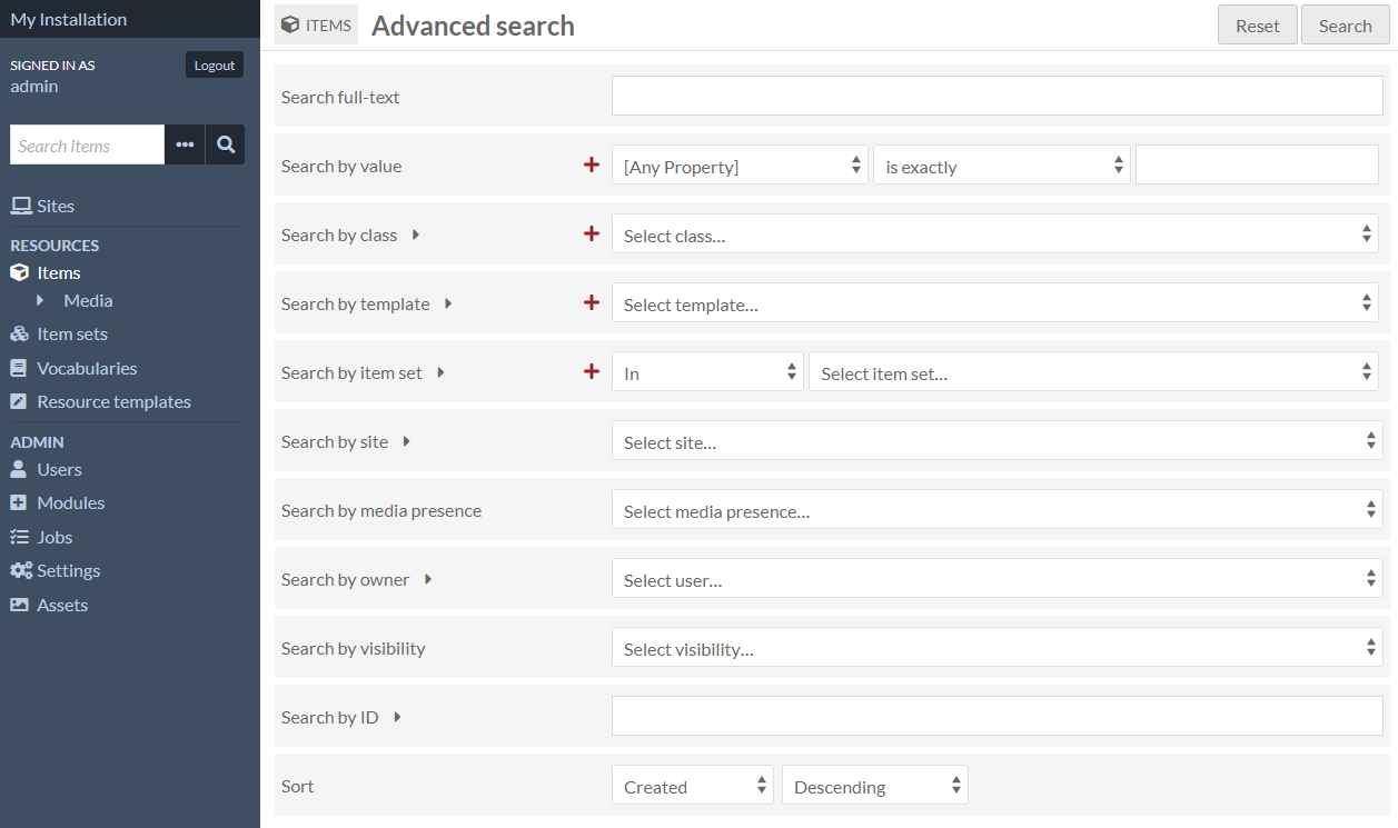 Page des options de recherche de contenus avancée.