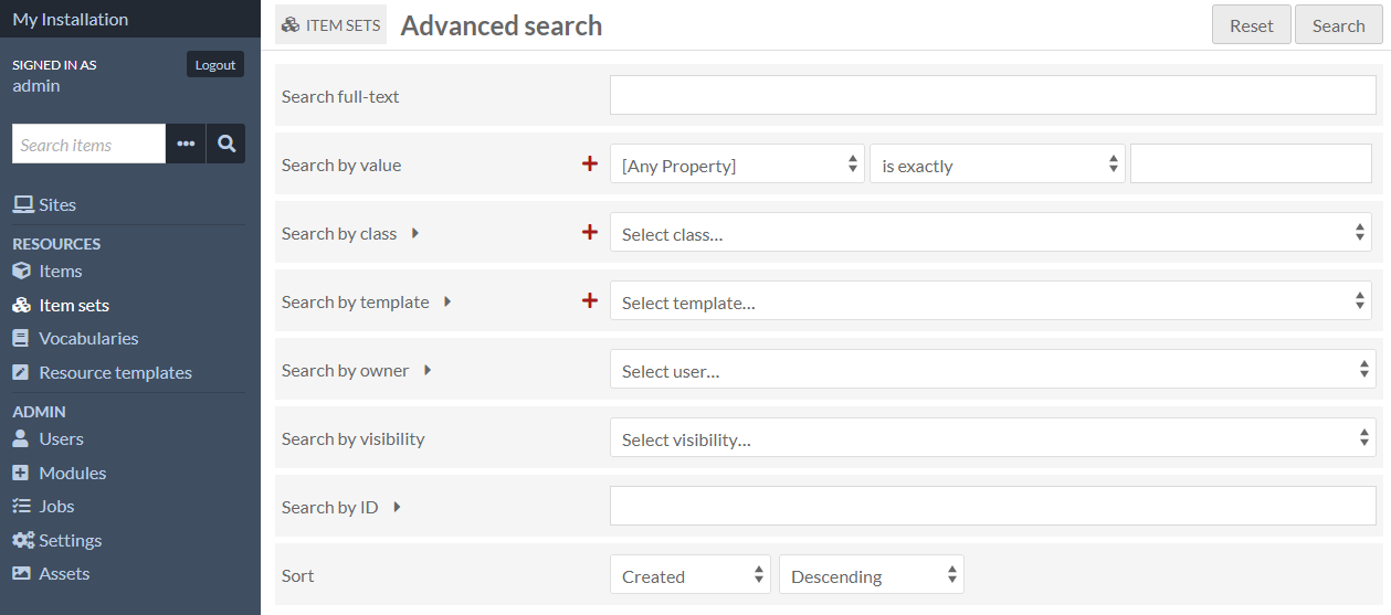 Formulaire des options de recherche de collections avancée.