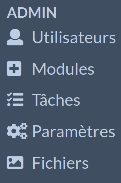 Menu de navigation admin montrant la section Fichiers