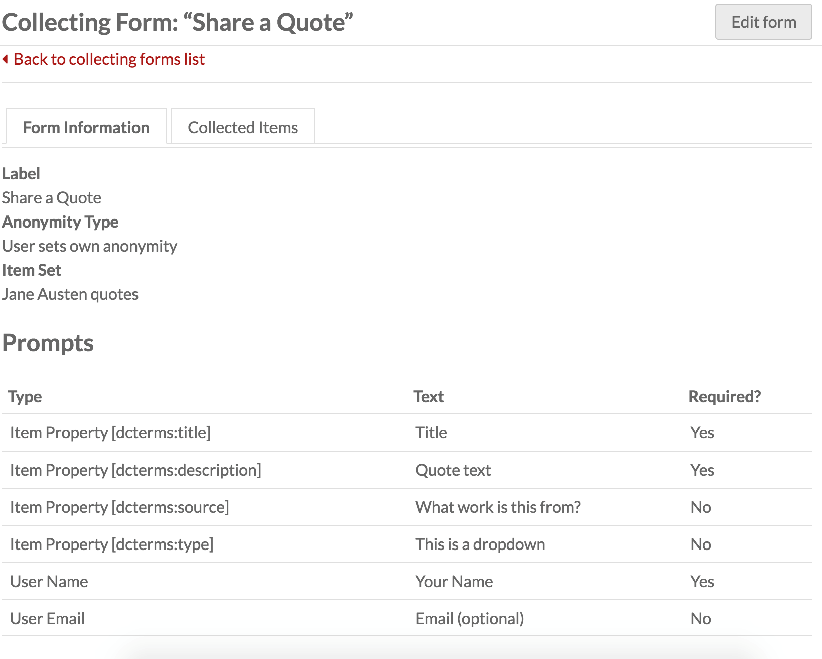 Page d'informations pour le formulaire « share a quote »