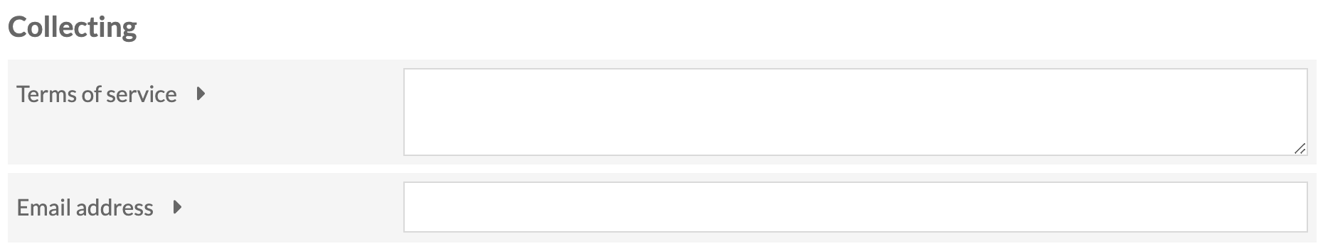 La section Collectes des paramètres du site avec deux champs comme décrits ci-dessous.