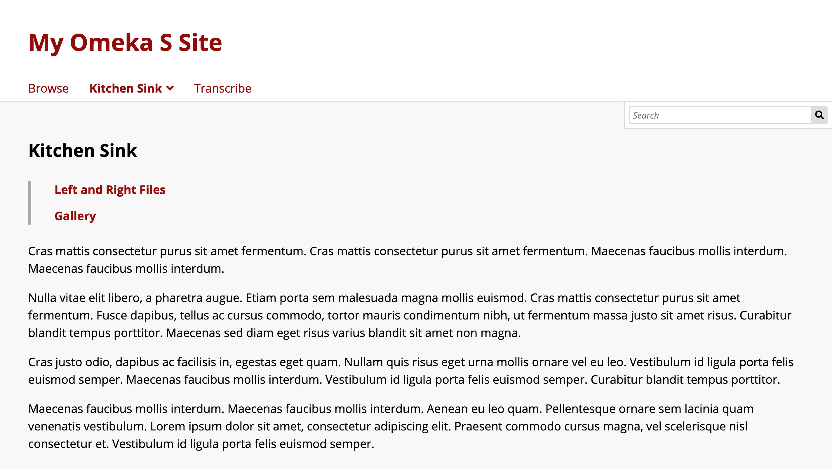 Capture d’écran du site Omeka S avec le thème « Default ». Tout le texte utilise « Open Sans ».