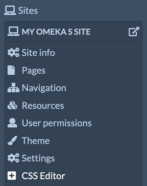 Capture d’écran du menu contextuel du site Omeka S avec l’onglet de l’éditeur CSS mis en évidence.