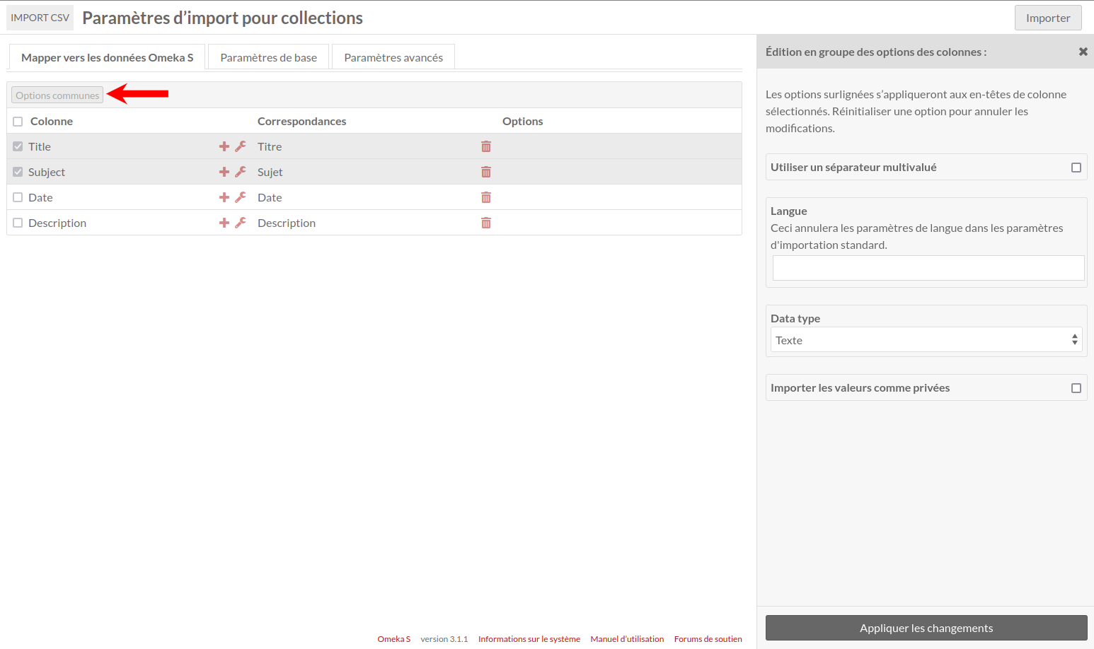 une capture de l'onglet de correspondances, avec les cases pour les colonnes Titre et Créateur cochées. Une flèche rouge pointe vers le bouton d'options de modification en lot. Sur la droite de l'écran, un volet propose des options pour changer les paramètres comme décrit plus haut