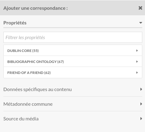 Properties option open, showing all of the installed vocabularies for the Omeka S installation: Dublin Core, Bibliographic Ontology, Friend of a Friend, Scripto and OWL-Time Ontology.