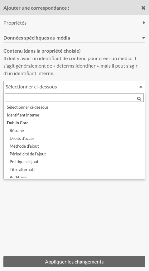 Données spécifiques au média avec menu déroulant