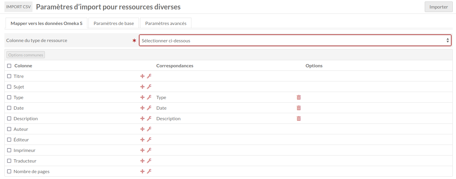 Correspondances d'un tableur avec neuf colonnes