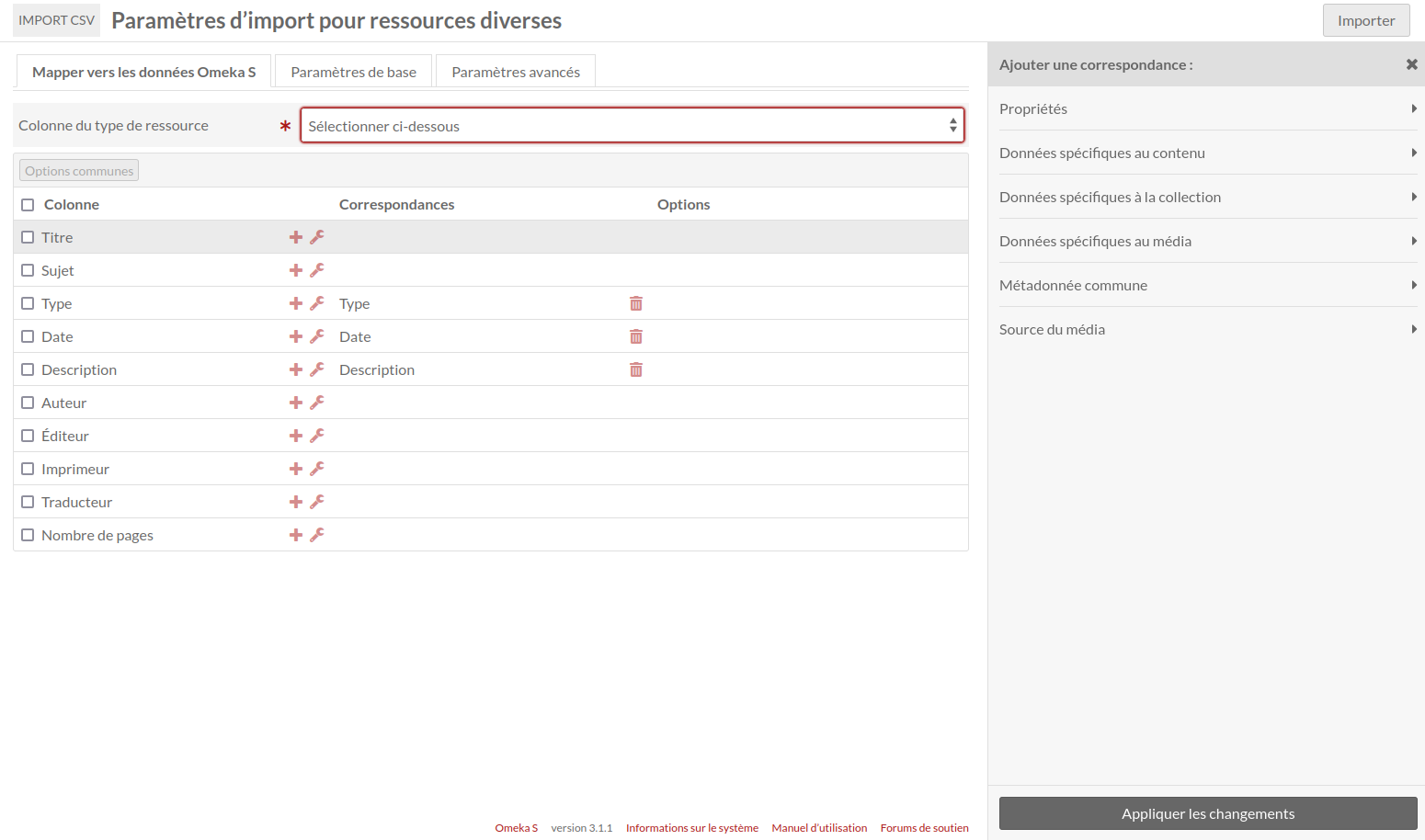 volet avec les options décrites ci-dessus