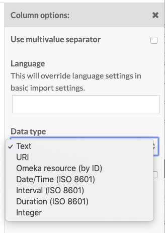 Column options drawer with the data type dropdown open, showing options for numeric data types as well as the standard options