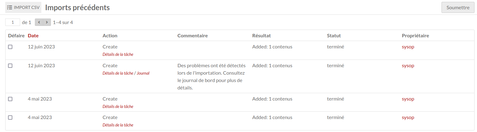 tableau des imports précédents