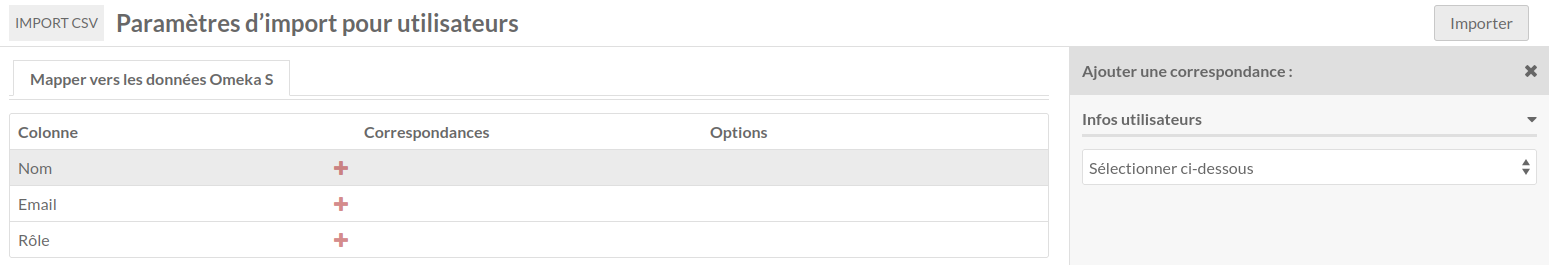 Le même tableau, mais avec le volet de correspondance ouvert et le menu déroulant montrant les trois options