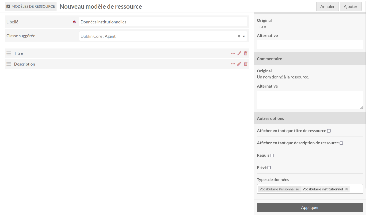 Modèle de ressource en cours d’édition avec la liste déroulante ouverte pour afficher les vocabulaires disponibles