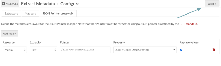 Extract Metadata module configuration view with JSON Pointer crosswalk and submit button indicated by a teal arrow