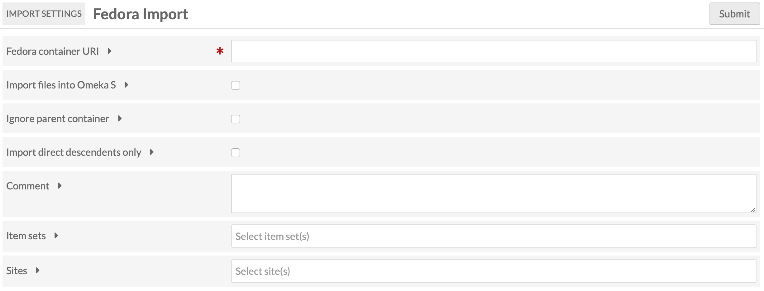 Screenshot of the field options for Fedora Connector