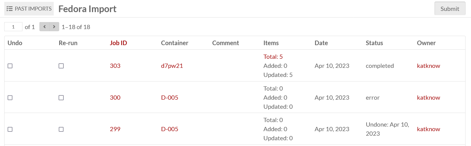 Table of past imports showing one completed import, one import that resulted in an error, and one undone import