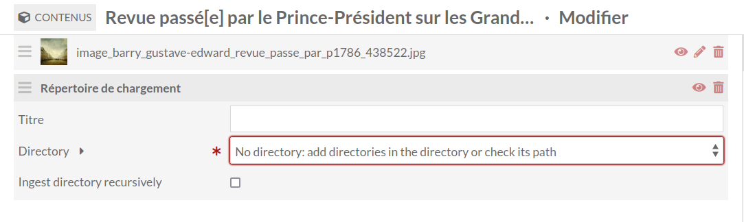 Menu déroulant avec les options de médias Sideload, affichant des noms de fichiers