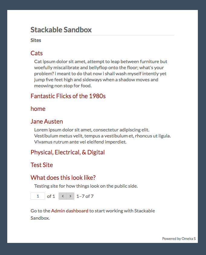 Page d'accueil de l'installation pour « Stackable Sandbox » montrant sept sites, trois d'entre eux ayant un résumé.