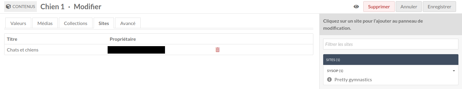 onglet "sites" avec le contenu attribué à un site et la possibilité de l'attacher à un autre