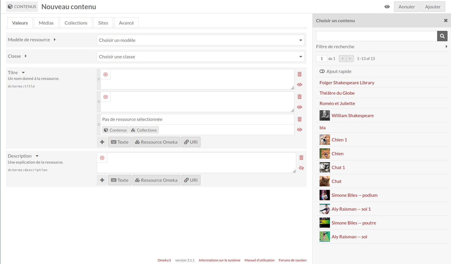 Menu des contenus à sélectionner dans la page de modification d'un contenu