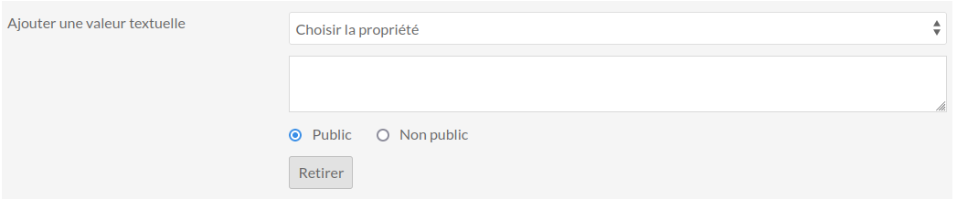 La capture montre seulement le bloc "Ajouter une valeur textuelle" du formulaire de modification par lot, avec le menu déroulant "Choisir la propriété" et un encart de texte vide