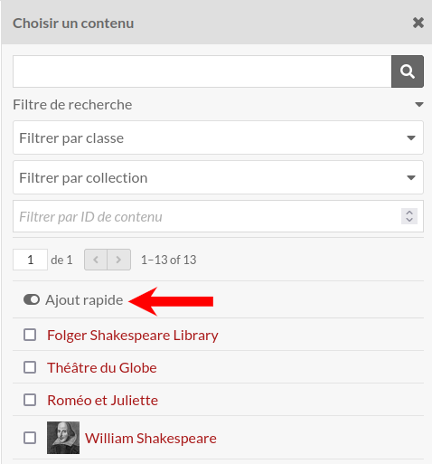 Une flèche rouge indique le bouton "Ajout rapide". Une case à cocher apparaît à la gauche de chaque contenu visible.