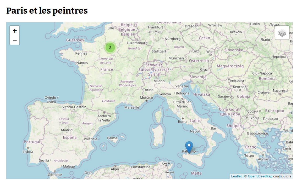 Carte avec trois marqueurs et des clusters verts