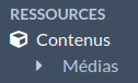 La section Contenus de la navigation, avec du texte bleu clair sur un fond bleu foncé. En-dessous des contenus, indenté, se trouve l'onglet Médias. Il n'a pas d'icône.