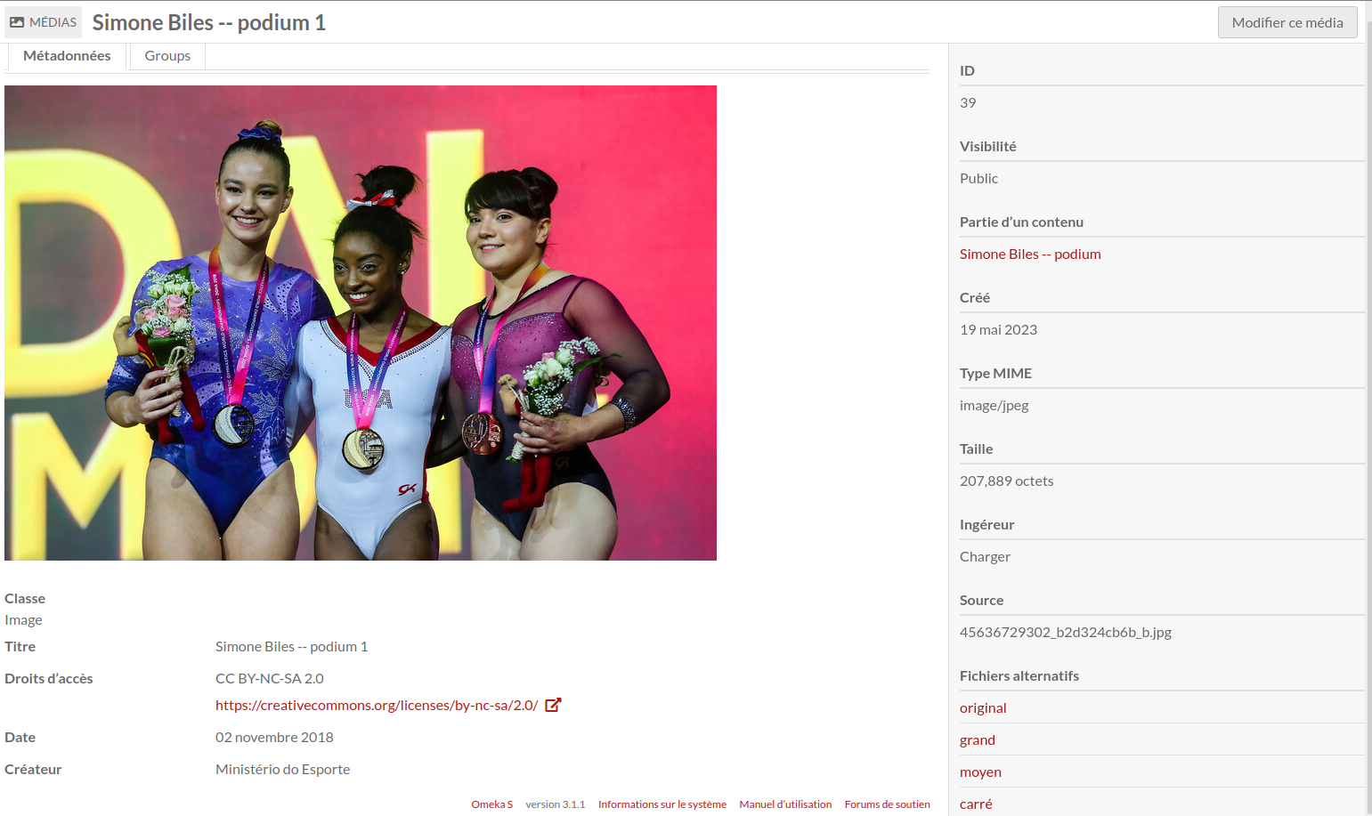 Exemple d'une image de gymnastique. À droite, on trouve les informations sur le média