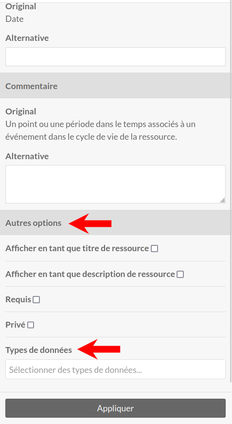 Closeup of the Other Options section, showing a dropdown for data type. A red arrow points to the header for the Numeric data types
