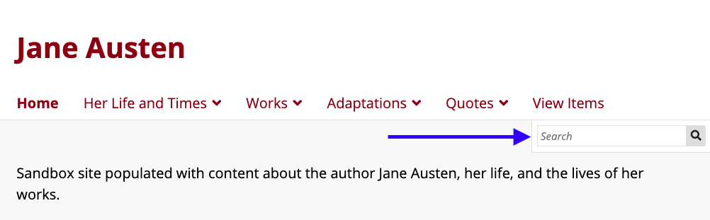 Page d'accueil du site de Jane Austen, avec une flèche bleue pointant vers la barre de recherche sous le menu de navigation principal