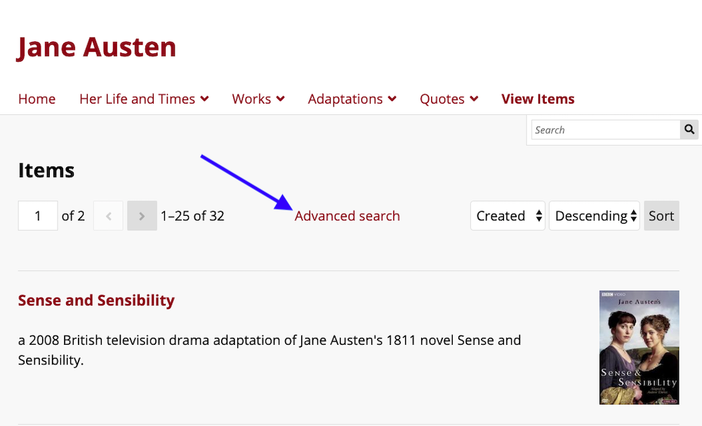 La page des contenus du site de Jane Austen, avec une flèche bleue pointant vers le lien pour la recherche avancée