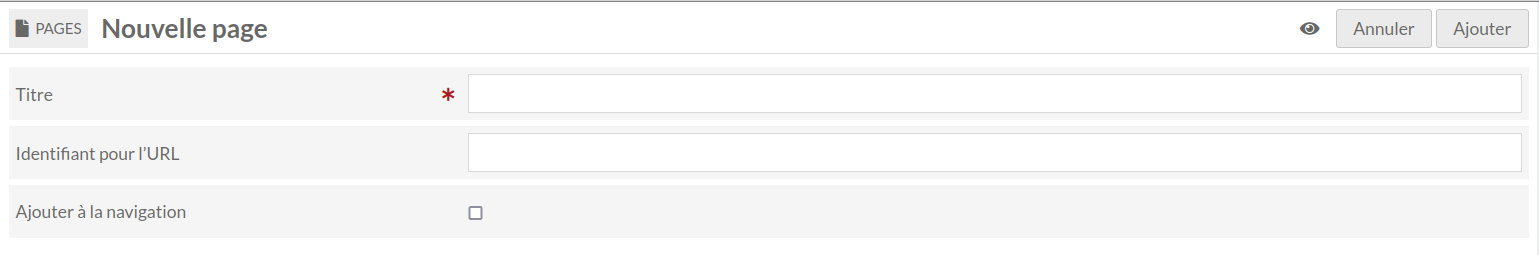 Vue de la page montrant les champs pour Ajouter une page