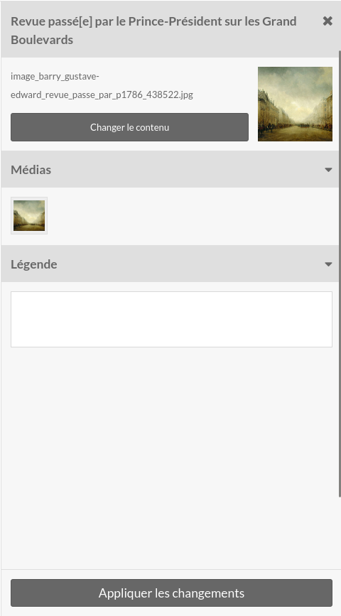 Vue de contenu avec l'option appliquer les changements
