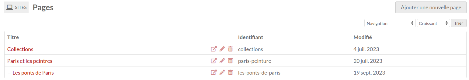 La vue parcourir les pages, avec 12 pages listées, dont certaines sont des pages enfant.