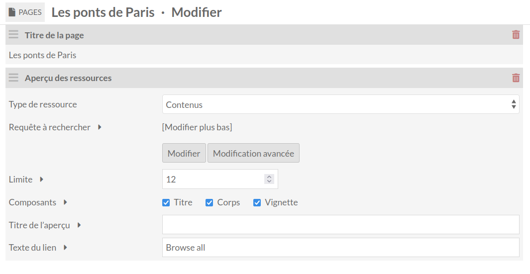 Bloc Aperçu des ressources avec le volet de recherche ouvert