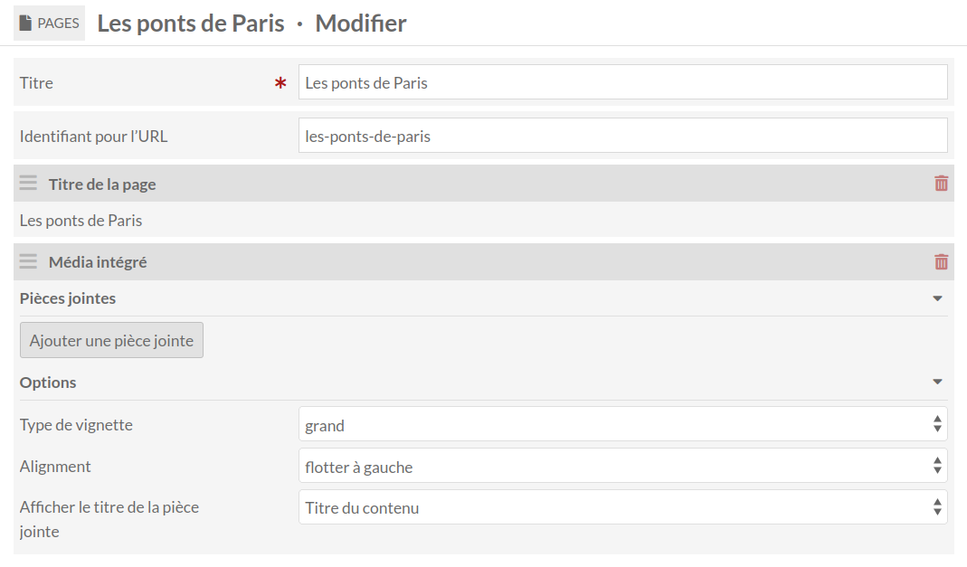 Une page en vue modification, avec un bloc media ajouté