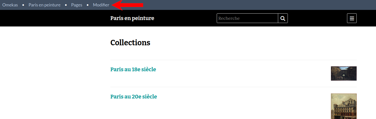 La barre utilisateur pour le site Jane Austen, avec « Modifier la page » entouré en rouge