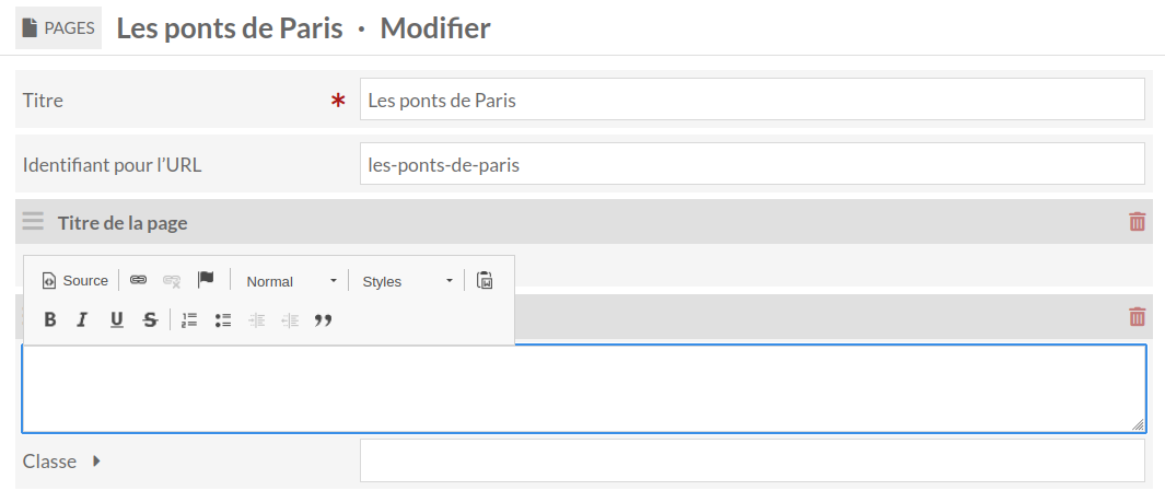 Bloc de page pour du contenu HTML avec le champ actif, montrant le menu de formatage