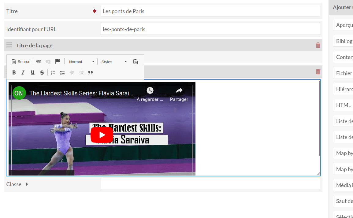 Bloc HTML montrant le texte et une vidéo intégrée
