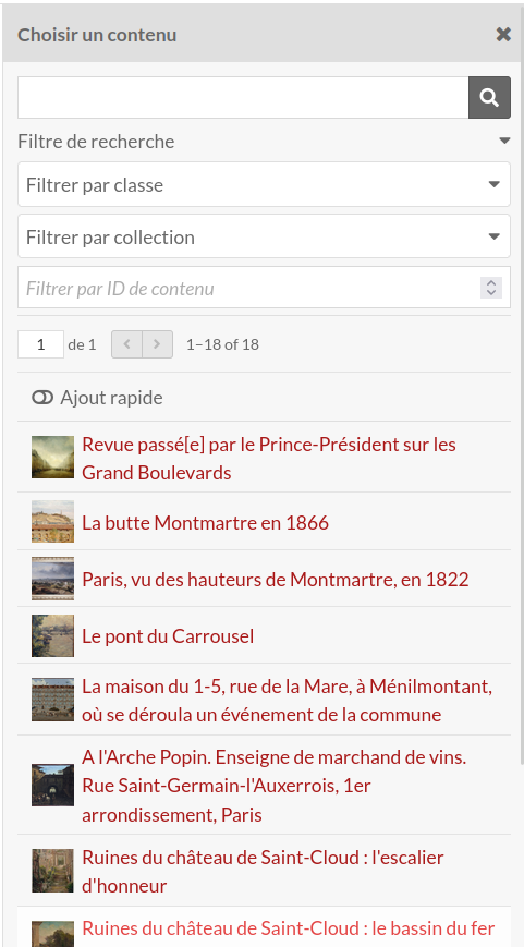 Tiroir de sélection de contenu avec les options de filtre affichées